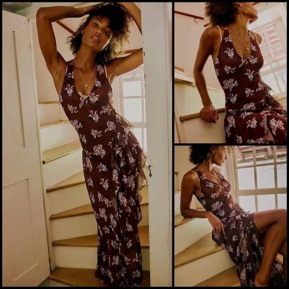 Free People Dresses & Skirts - Free People Stop and Stare Maxi Slip
Chocolate Combo Ruffle Semi Sheer Dress XS